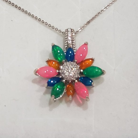 Colored Welo Opal & White Zircon pendant 20 inch in Platinum over 925SS 3.60 cts - Picture 2 of 6